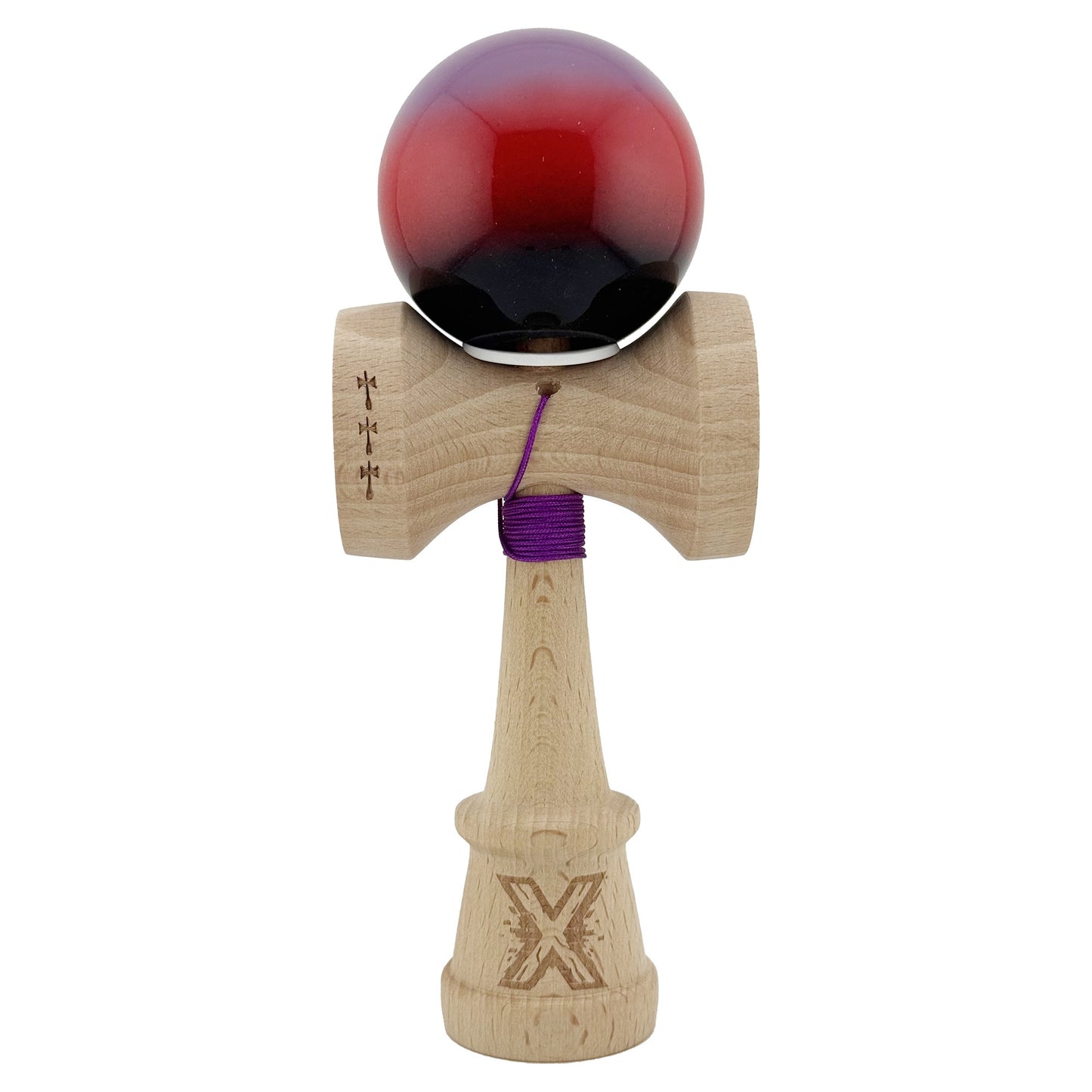 Kendama X Originala, Profesionala, Klevo, Super Sticky cu Cupe Mari KING SIZE V3, Gaura in Baza, Rulment Metalic, din lemn 18 cm, Ata 62/65 cm, Gradient Mov/Rosu/Negru