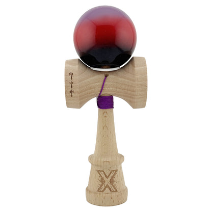 Kendama X Originala, Profesionala, Klevo, Super Sticky cu Cupe Mari KING SIZE V3, Gaura in Baza, Rulment Metalic, din lemn 18 cm, Ata 62/65 cm, Gradient Mov/Rosu/Negru