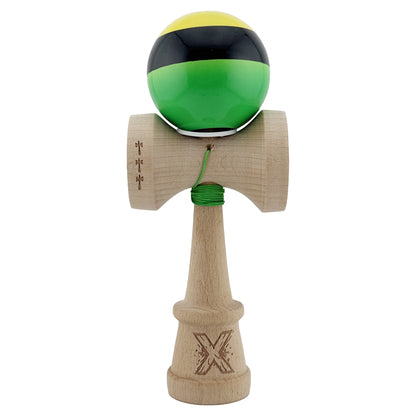 Kendama X Originala, Profesionala, Klevo, Super Sticky cu Cupe Mari KING SIZE V3, Gaura in Baza, Rulment Metalic, din lemn 18 cm, Ata 62/65 cm, Galben/Negru/Verde
