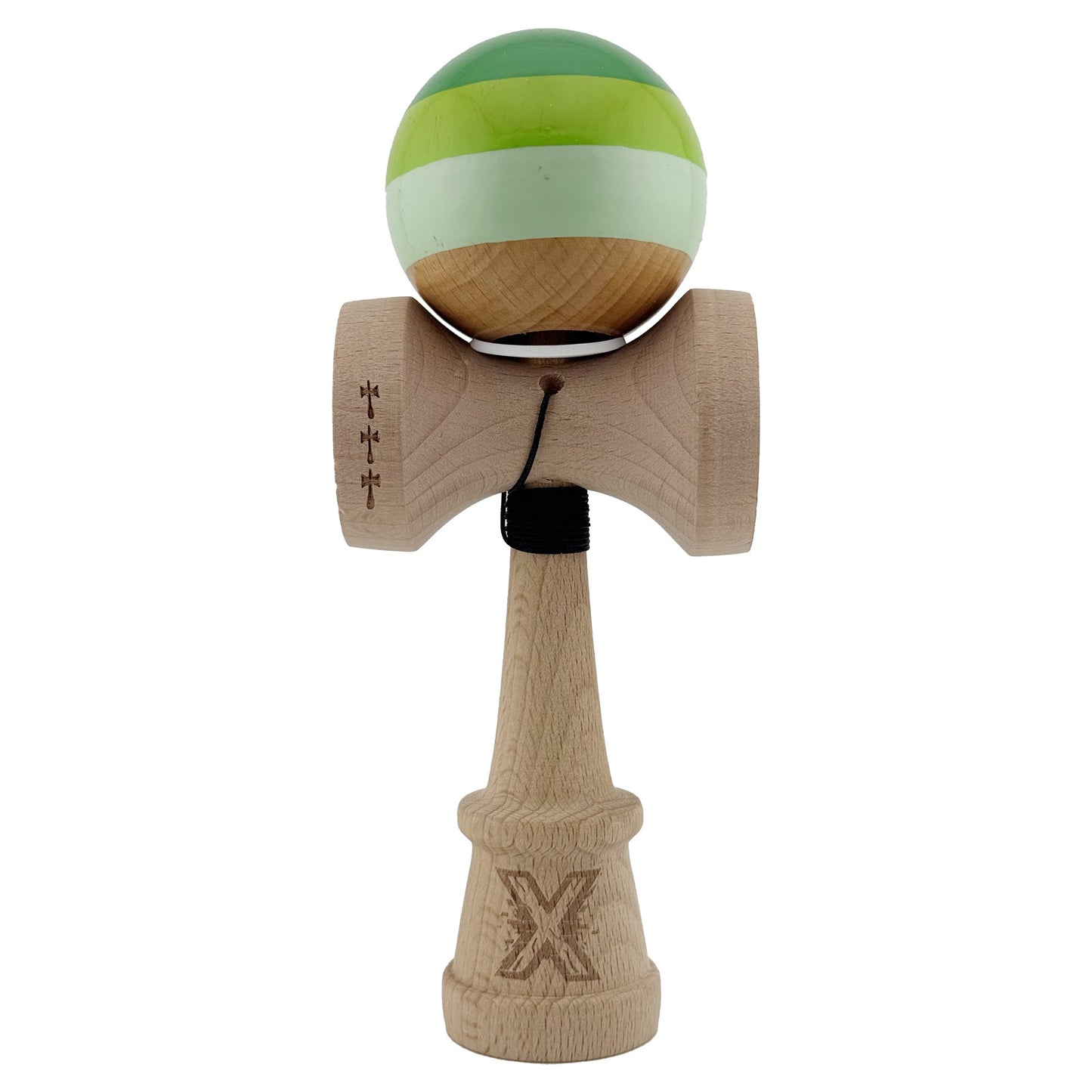 Kendama X Originala, Profesionala, Klevo, Super Sticky cu Cupe Mari KING SIZE V3, Gaura in Baza, Rulment Metalic, din lemn 18 cm, Ata 62/65 cm, Special Verde degrade