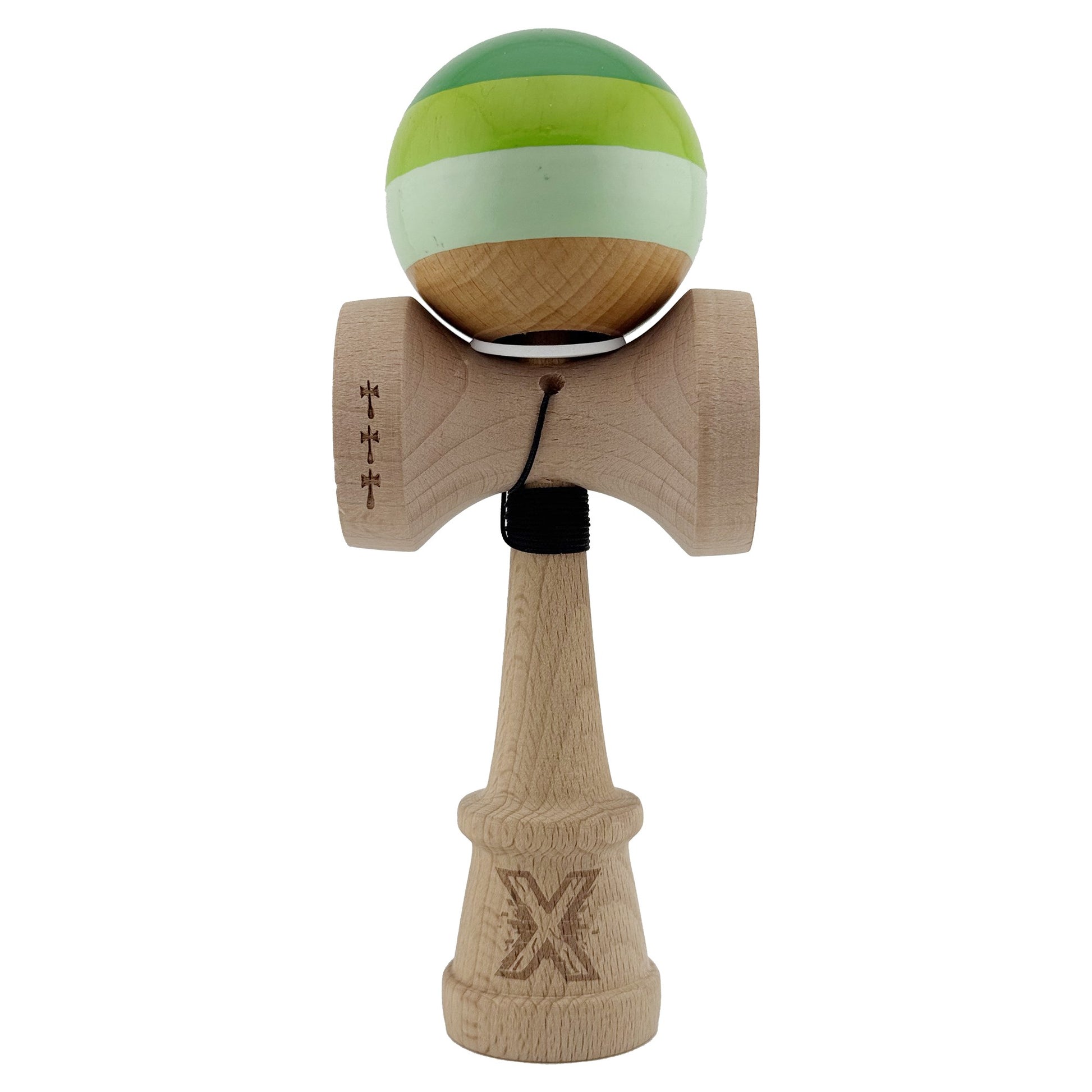 Kendama X Originala, Profesionala, Klevo, Super Sticky cu Cupe Mari KING SIZE V3, Gaura in Baza, Rulment Metalic, din lemn 18 cm, Ata 62/65 cm, Special Verde degrade