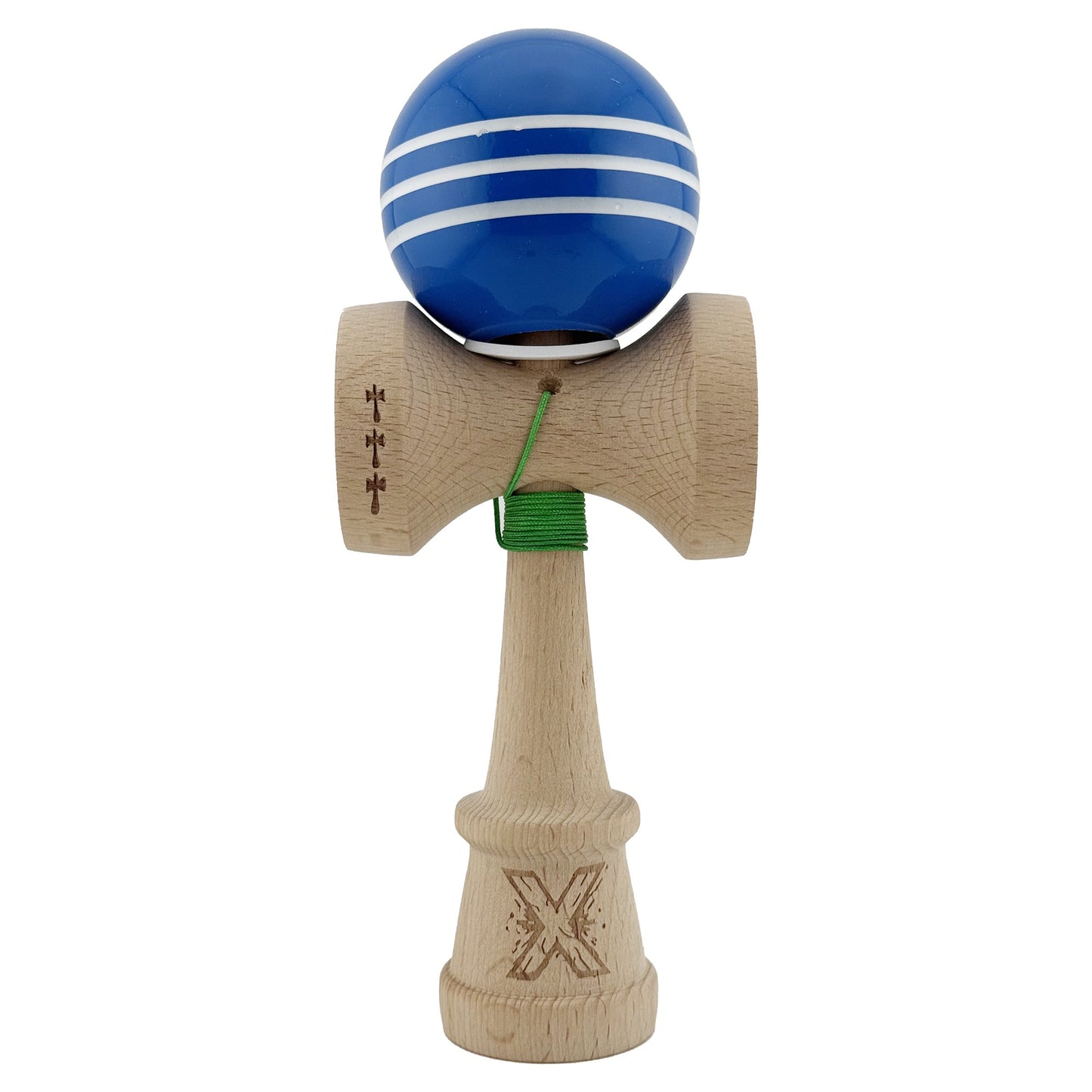 Kendama X Originala, Profesionala, Klevo, Super Sticky cu Cupe Mari KING SIZE V3, Gaura in Baza, Rulment Metalic, din lemn 18 cm, Ata 62/65 cm, Special Albastru/Alb