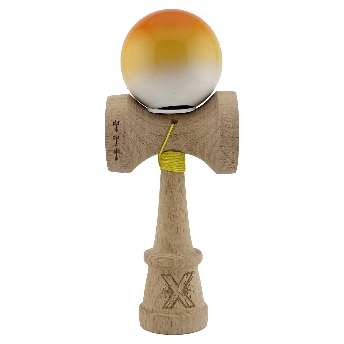 Kendama X Originala, Profesionala, Klevo, Super Sticky cu Cupe Mari KING SIZE V3, Gaura in Baza, Rulment Metalic, din lemn 18 cm, Ata 62/65 cm, Gradient Portocaliu/Galben/Alb