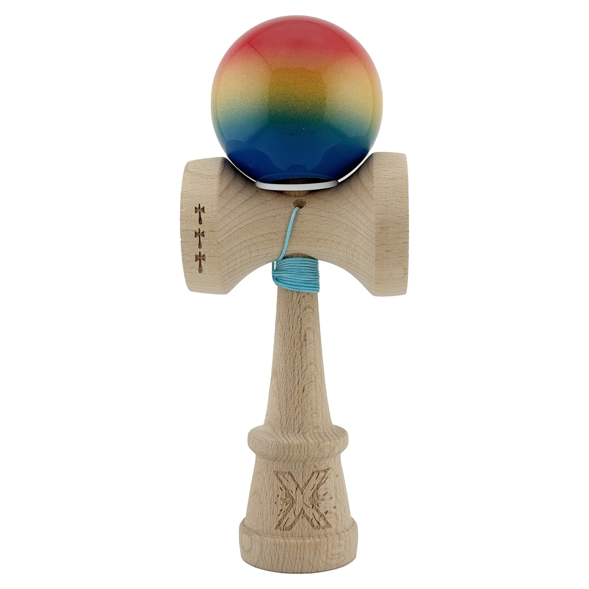 Kendama X Originala, Profesionala, Klevo, Super Sticky cu Cupe Mari KING SIZE V3, Gaura in Baza, Rulment Metalic, din lemn 18 cm, Ata 62/65 cm, Gradient Rosu/Galben/Albastru