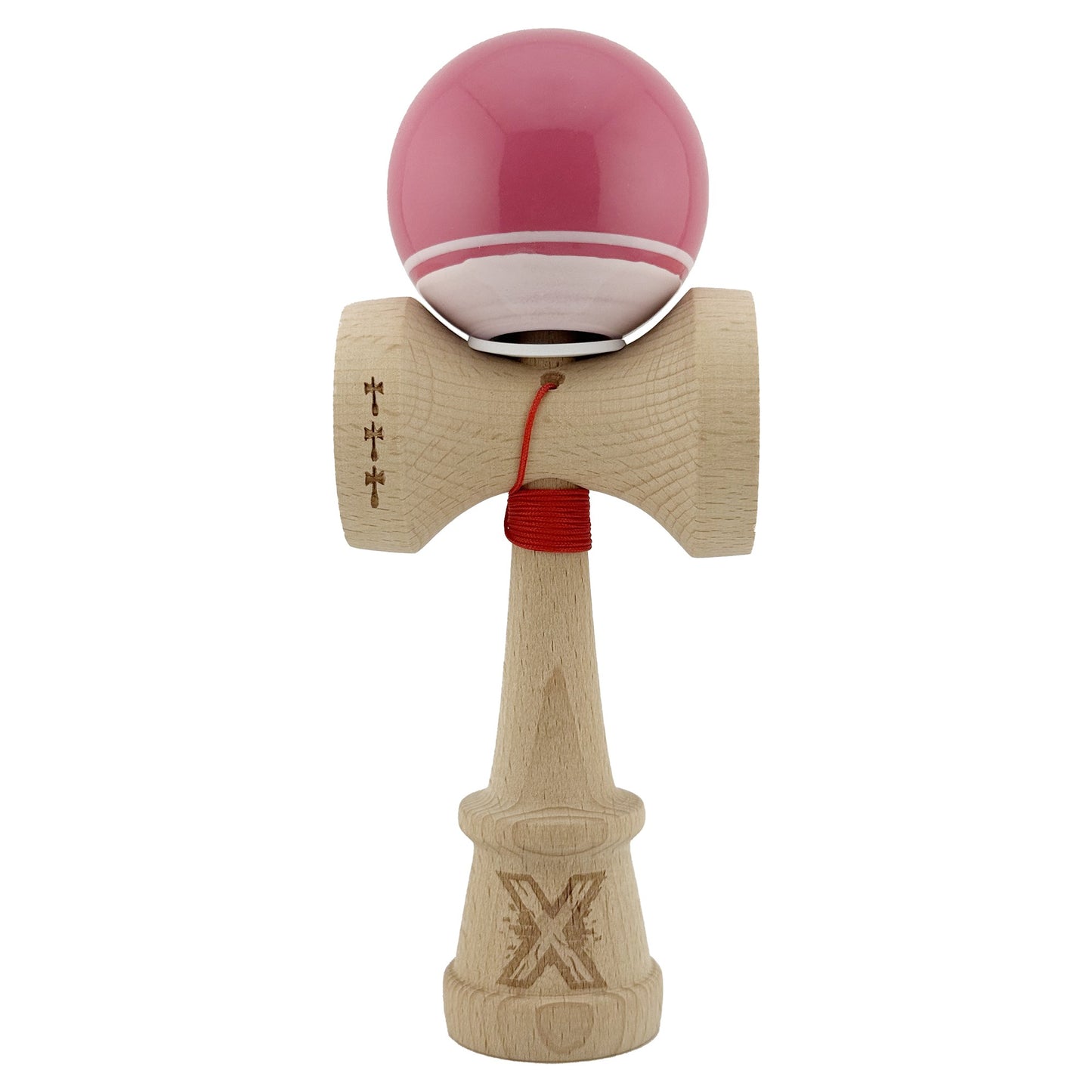 Kendama X Originala, Profesionala, Klevo, Super Sticky cu Cupe Mari KING SIZE V3, Gaura in Baza, Rulment Metalic, din lemn 18 cm, Ata 62/65 cm, Special Roz/Alb