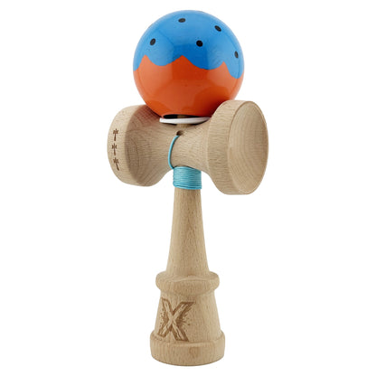 Kendama X Originala, Profesionala, Klevo, Super Sticky cu Cupe Mari KING SIZE V3, Gaura in Baza, Rulment Metalic, din lemn 18 cm, Ata 62/65 cm, Special Albastru/Portocaliu