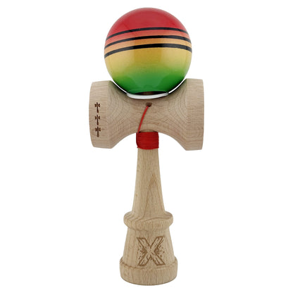 Kendama X Originala, Profesionala, Klevo, Super Sticky cu Cupe Mari KING SIZE V3, Gaura in Baza, Rulment Metalic, din lemn 18 cm, Ata 62/65 cm, Special Rosu/Verde