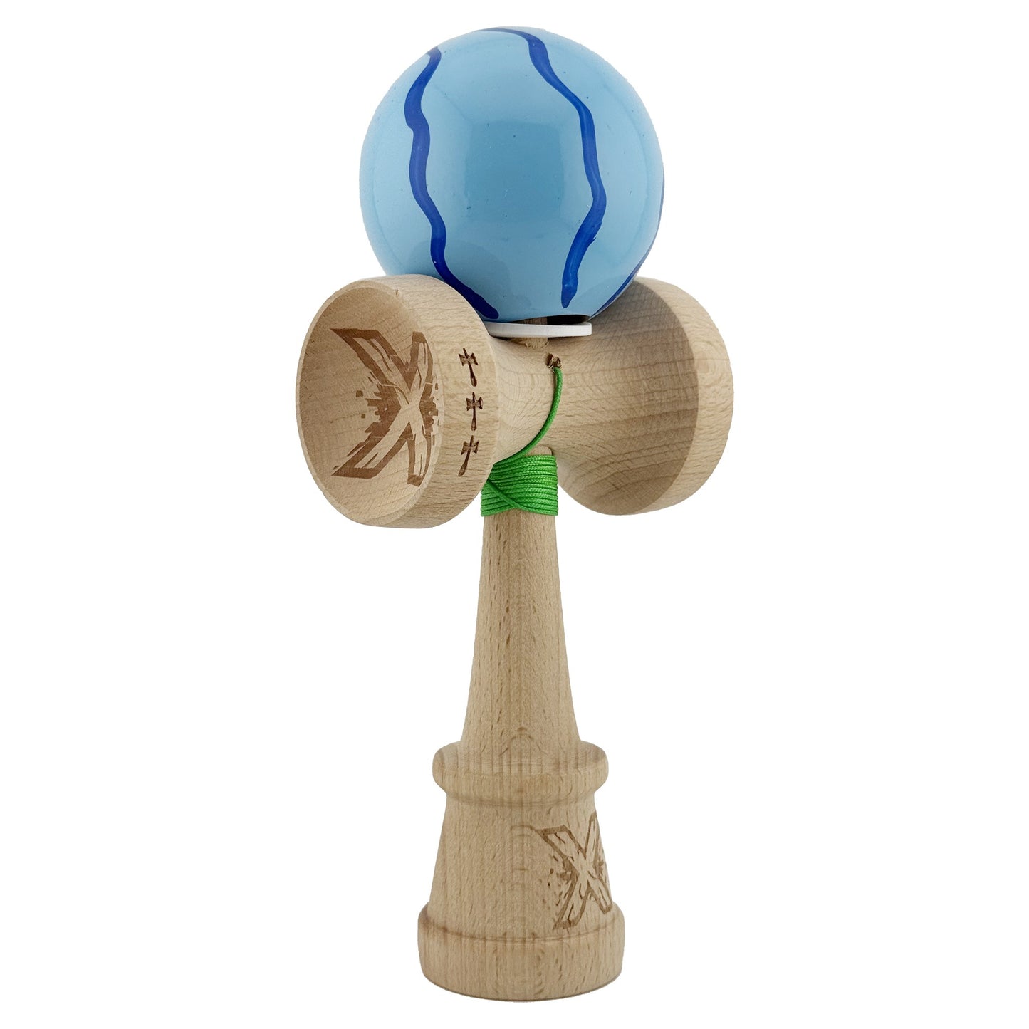Kendama X Originala, Profesionala, Klevo, Super Sticky cu Cupe Mari KING SIZE V3, Gaura in Baza, Rulment Metalic, din lemn 18 cm, Ata 62/65 cm, Special Albastru deschis