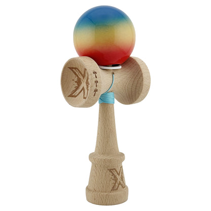 Kendama X Originala, Profesionala, Klevo, Super Sticky cu Cupe Mari KING SIZE V3, Gaura in Baza, Rulment Metalic, din lemn 18 cm, Ata 62/65 cm, Gradient Albastru/Galben/Rosu