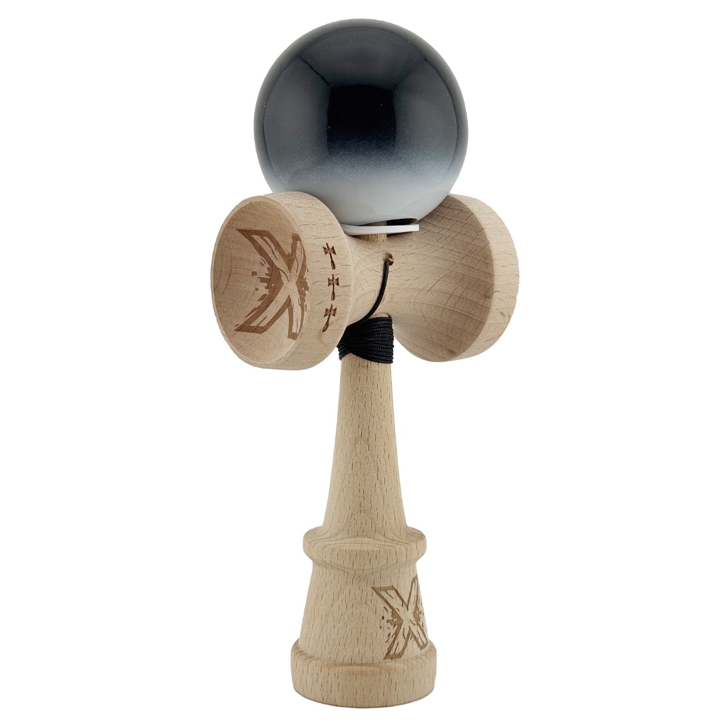 Kendama X Originala, Profesionala, Klevo, Super Sticky cu Cupe Mari KING SIZE V3, Gaura in Baza, Rulment Metalic, din lemn 18 cm, Ata 62/65 cm, Gradient Negru/Alb