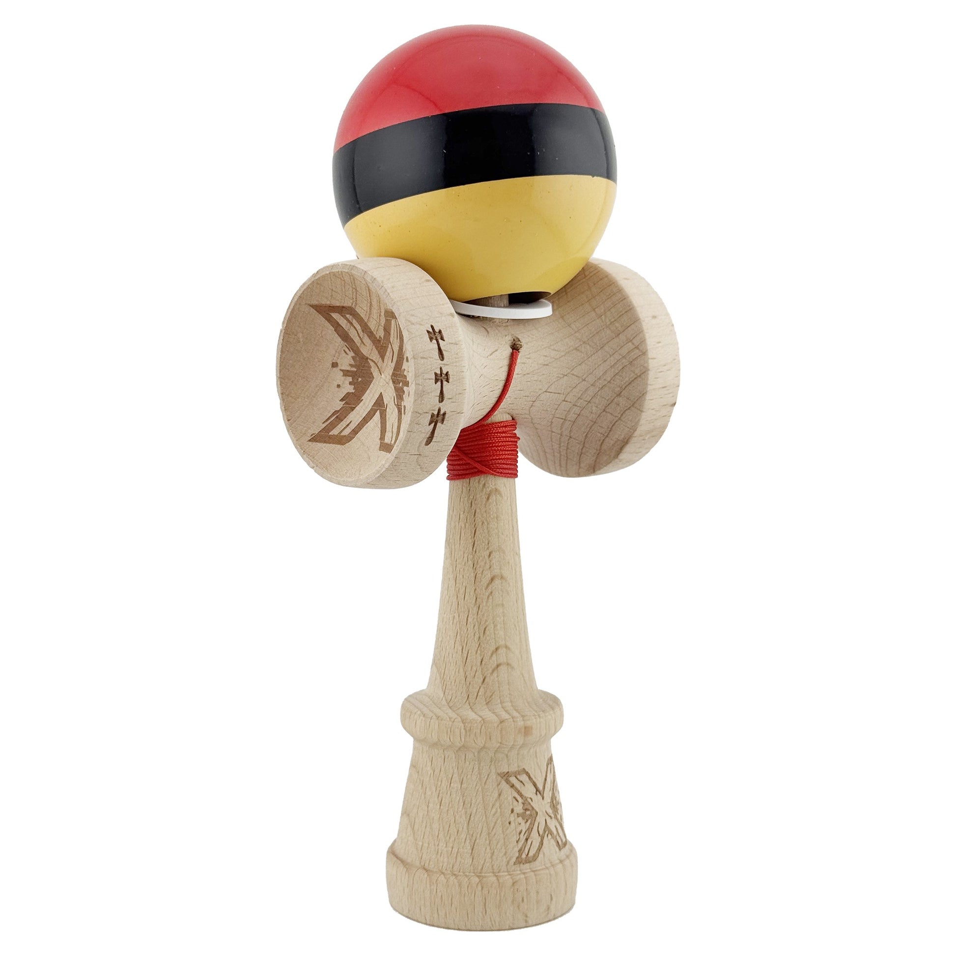 Kendama X Originala, Profesionala, Klevo, Super Sticky cu Cupe Mari KING SIZE V3, Gaura in Baza, Rulment Metalic, din lemn 18 cm, Ata 62/65 cm, Rosu/Negru/Galben