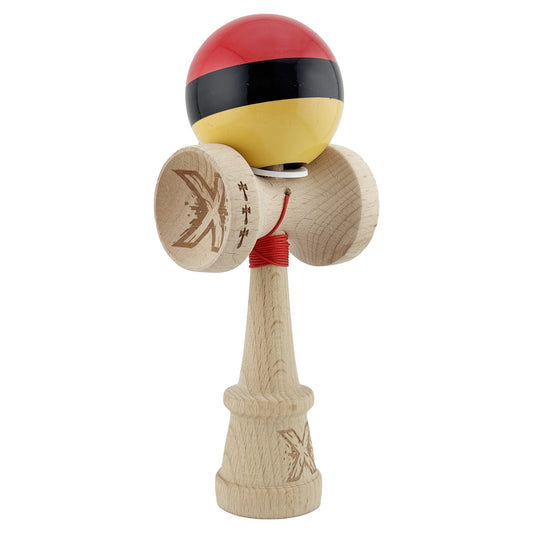 Kendama X Originala, Profesionala, Klevo, Super Sticky cu Cupe Mari KING SIZE V3, Gaura in Baza, Rulment Metalic, din lemn 18 cm, Ata 62/65 cm, Rosu/Negru/Galben