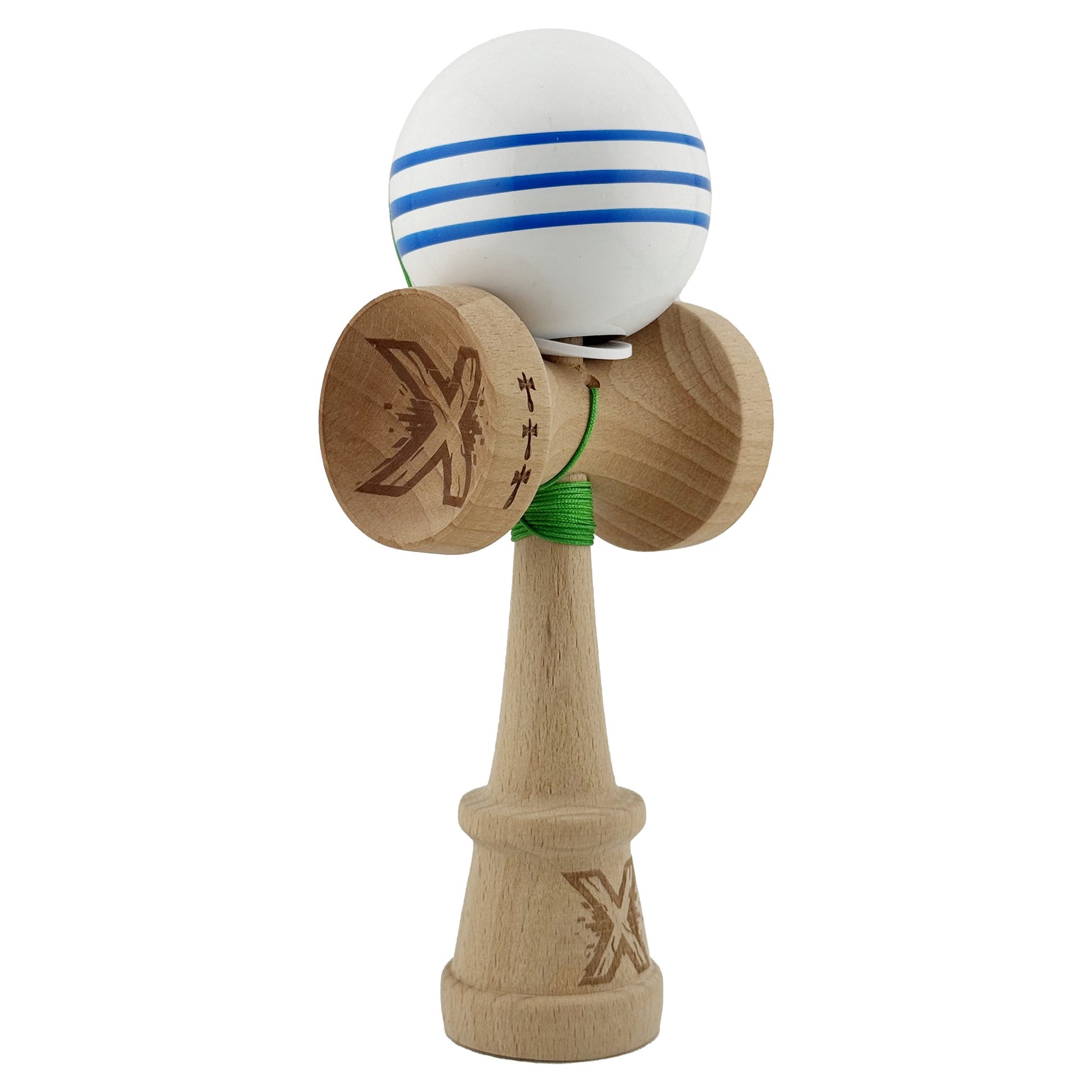Kendama X Originala, Profesionala, Klevo, Super Sticky cu Cupe Mari KING SIZE V3, Gaura in Baza, Rulment Metalic, din lemn 18 cm, Ata 62/65 cm, Special Alb/Albastru