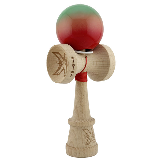 Kendama X Originala, Profesionala, Klevo, Super Sticky cu Cupe Mari KING SIZE V3, Gaura in Baza, Rulment Metalic, din lemn 18 cm, Ata 62/65 cm, Gradient Verde/Portocaliu/Rosu