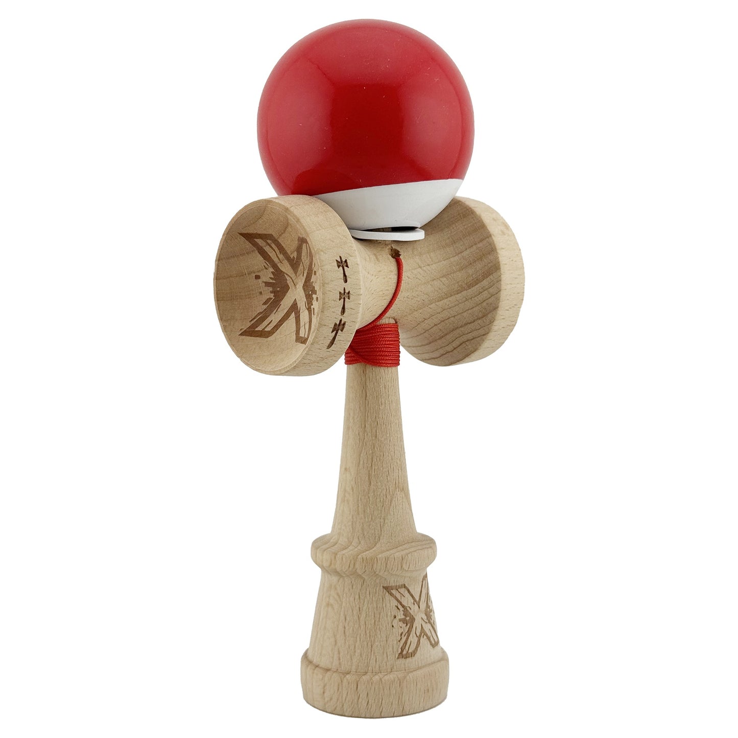 Kendama X Originala, Profesionala, Klevo, Super Sticky cu Cupe Mari KING SIZE V3, Gaura in Baza, Rulment Metalic, din lemn 18 cm, Ata 62/65 cm, Bicolor Rosu/Alb