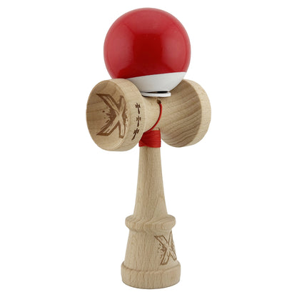 Kendama X Originala, Profesionala, Klevo, Super Sticky cu Cupe Mari KING SIZE V3, Gaura in Baza, Rulment Metalic, din lemn 18 cm, Ata 62/65 cm, Bicolor Rosu/Alb