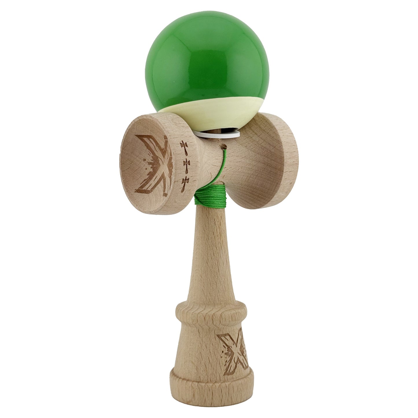 Kendama X Originala, Profesionala, Klevo, Super Sticky cu Cupe Mari KING SIZE V3, Gaura in Baza, Rulment Metalic, din lemn 18 cm, Ata 62/65 cm, Bicolor Verde/Alb
