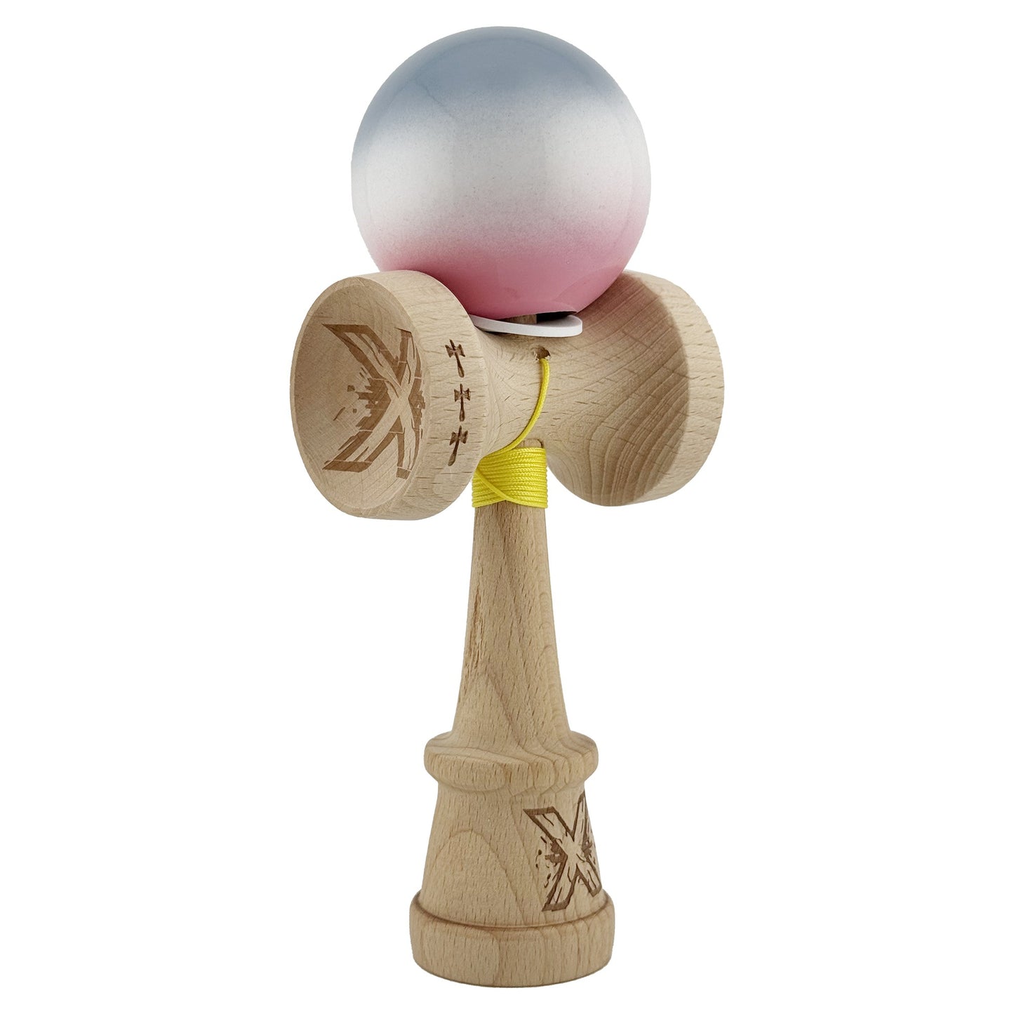 Kendama X Originala, Profesionala, Klevo, Super Sticky cu Cupe Mari KING SIZE V3, Gaura in Baza, Rulment Metalic, din lemn 18 cm, Ata 62/65 cm, Gradient Gri/Alb/Roz
