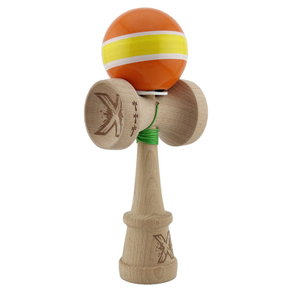Kendama X Originala, Profesionala, Klevo, Super Sticky cu Cupe Mari KING SIZE V3, Gaura in Baza, Rulment Metalic, din lemn 18 cm, Ata 62/65 cm, Special Portocaliu/Galben