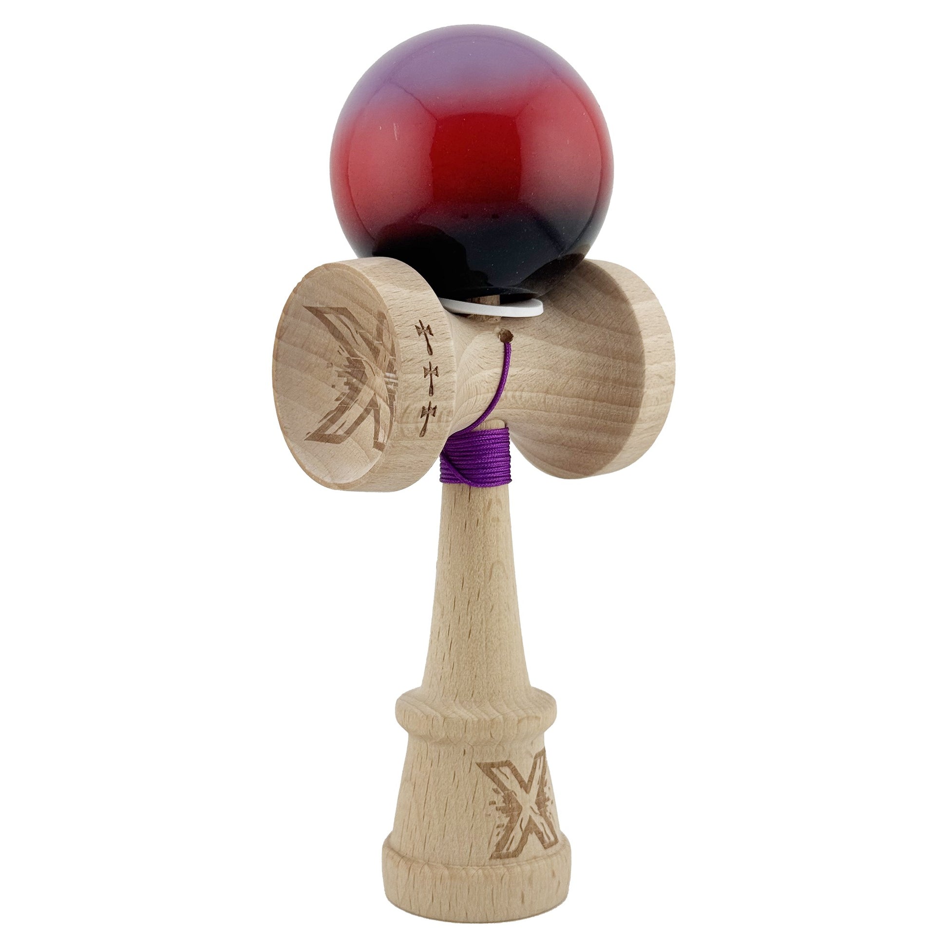 Kendama X Originala, Profesionala, Klevo, Super Sticky cu Cupe Mari KING SIZE V3, Gaura in Baza, Rulment Metalic, din lemn 18 cm, Ata 62/65 cm, Gradient Mov/Rosu/Negru