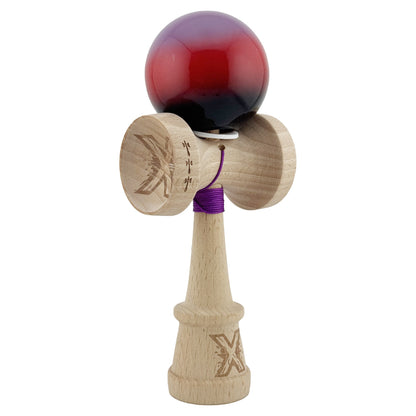 Kendama X Originala, Profesionala, Klevo, Super Sticky cu Cupe Mari KING SIZE V3, Gaura in Baza, Rulment Metalic, din lemn 18 cm, Ata 62/65 cm, Gradient Mov/Rosu/Negru