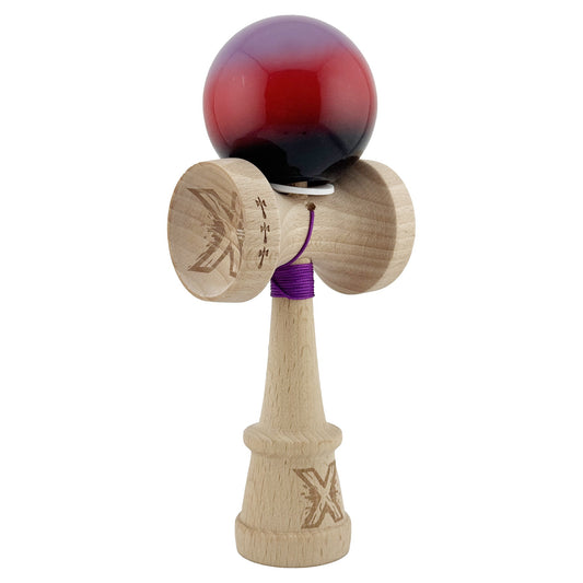 Kendama X Originala, Profesionala, Klevo, Super Sticky cu Cupe Mari KING SIZE V3, Gaura in Baza, Rulment Metalic, din lemn 18 cm, Ata 62/65 cm, Gradient Mov/Rosu/Negru