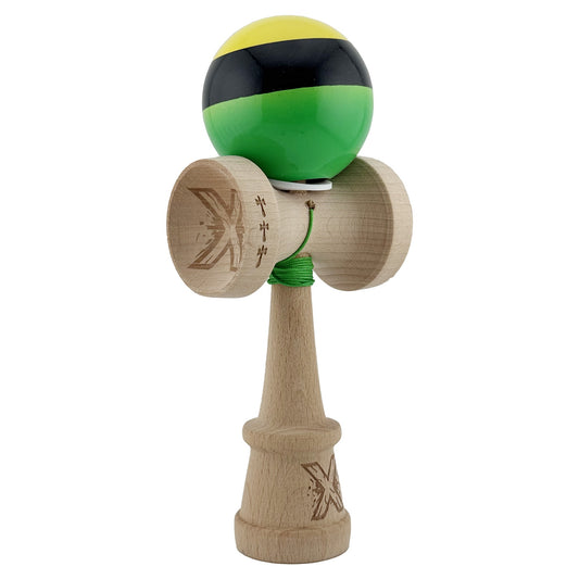 Kendama X Originala, Profesionala, Klevo, Super Sticky cu Cupe Mari KING SIZE V3, Gaura in Baza, Rulment Metalic, din lemn 18 cm, Ata 62/65 cm, Galben/Negru/Verde