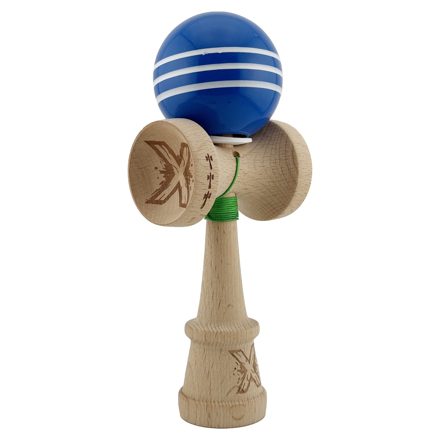 Kendama X Originala, Profesionala, Klevo, Super Sticky cu Cupe Mari KING SIZE V3, Gaura in Baza, Rulment Metalic, din lemn 18 cm, Ata 62/65 cm, Special Albastru/Alb