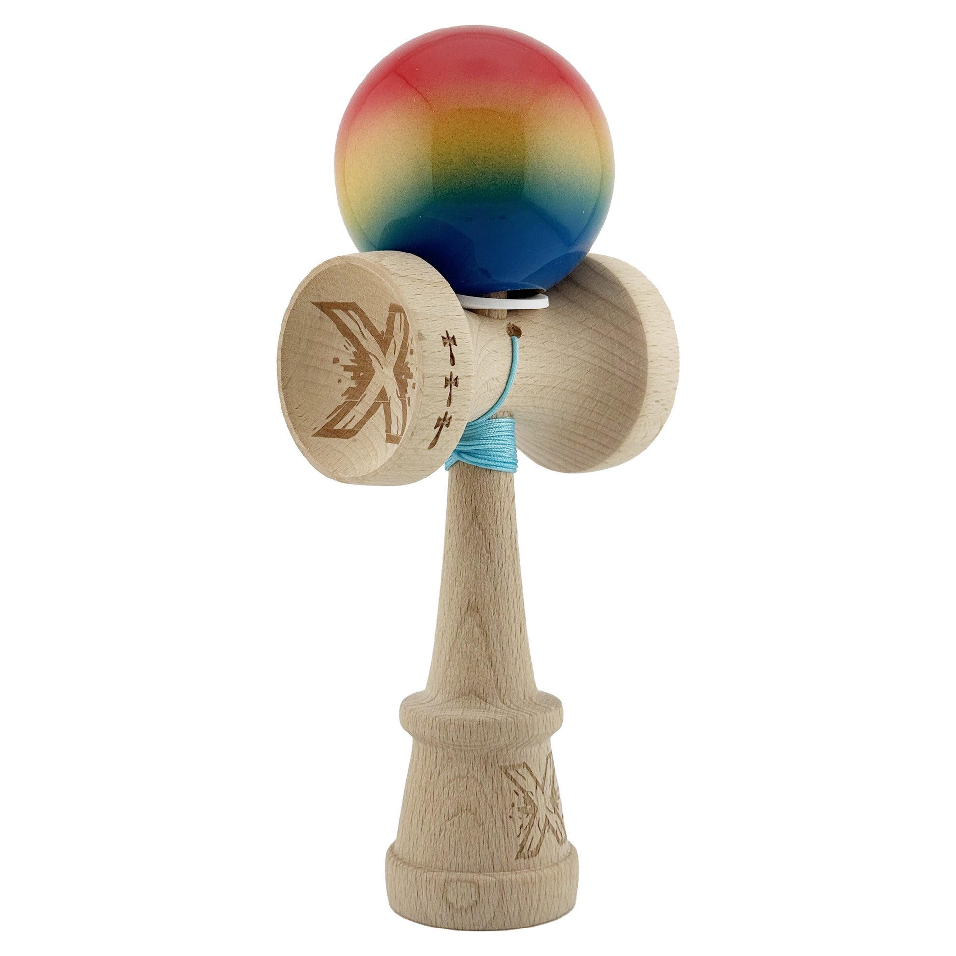 Kendama X Originala, Profesionala, Klevo, Super Sticky cu Cupe Mari KING SIZE V3, Gaura in Baza, Rulment Metalic, din lemn 18 cm, Ata 62/65 cm, Gradient Rosu/Galben/Albastru