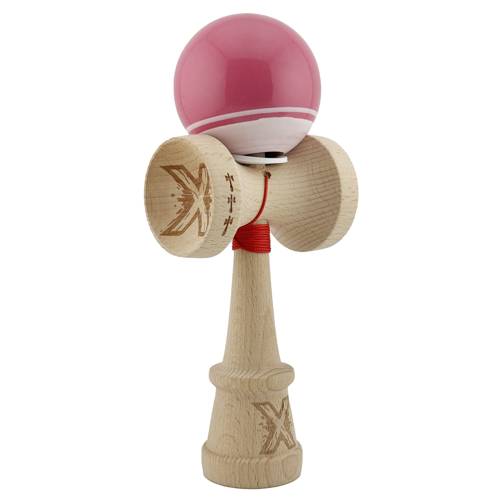 Kendama X Originala, Profesionala, Klevo, Super Sticky cu Cupe Mari KING SIZE V3, Gaura in Baza, Rulment Metalic, din lemn 18 cm, Ata 62/65 cm, Special Roz/Alb
