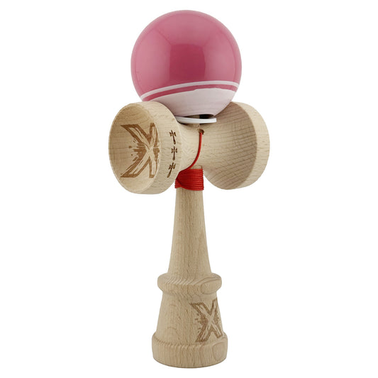 Kendama X Originala, Profesionala, Klevo, Super Sticky cu Cupe Mari KING SIZE V3, Gaura in Baza, Rulment Metalic, din lemn 18 cm, Ata 62/65 cm, Special Roz/Alb