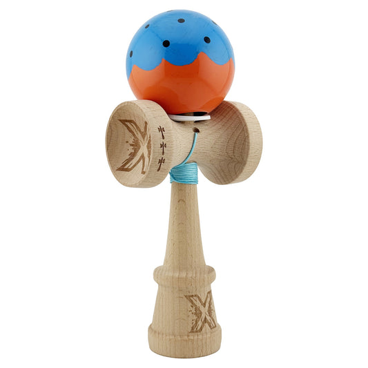 Kendama X Originala, Profesionala, Klevo, Super Sticky cu Cupe Mari KING SIZE V3, Gaura in Baza, Rulment Metalic, din lemn 18 cm, Ata 62/65 cm, Special Albastru/Portocaliu