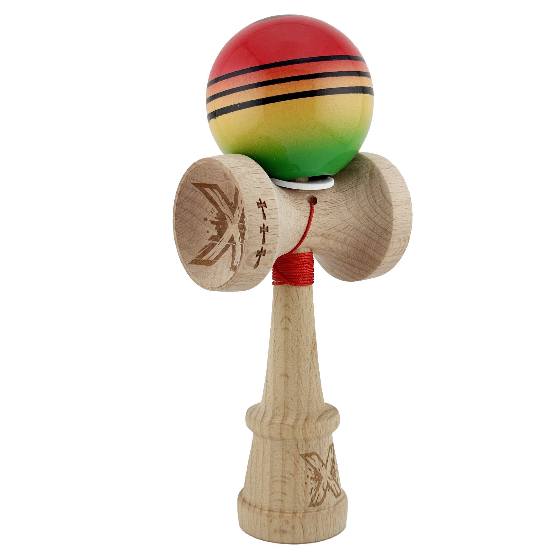 Kendama X Originala, Profesionala, Klevo, Super Sticky cu Cupe Mari KING SIZE V3, Gaura in Baza, Rulment Metalic, din lemn 18 cm, Ata 62/65 cm, Special Rosu/Verde