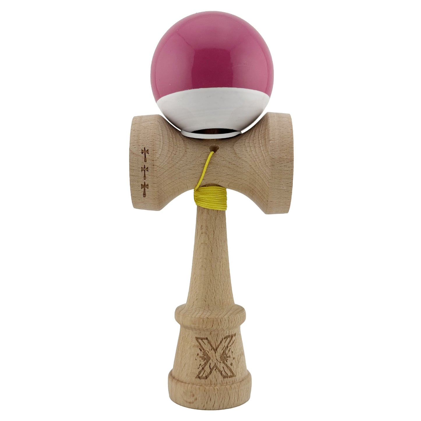Kendama X Originala, Profesionala, Klevo, Super Sticky cu Cupe Mari KING SIZE V3, Gaura in Baza, Rulment Metalic, din lemn 18 cm, Ata 62/65 cm, Bicolor Roz inchis/Alb