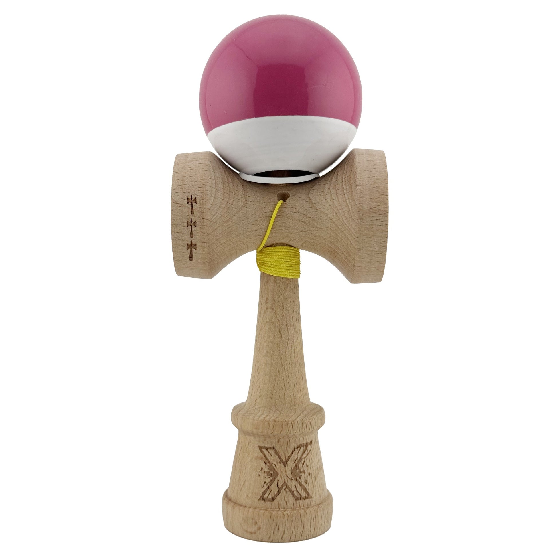 Kendama X Originala, Profesionala, Klevo, Super Sticky cu Cupe Mari KING SIZE V3, Gaura in Baza, Rulment Metalic, din lemn 18 cm, Ata 62/65 cm, Bicolor Roz inchis/Alb