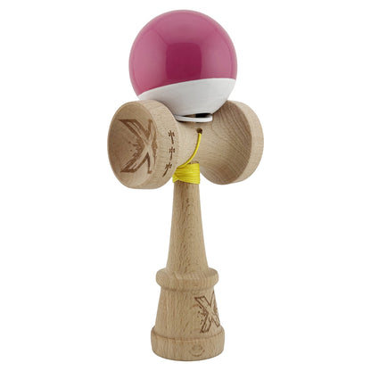 Kendama X Originala, Profesionala, Klevo, Super Sticky cu Cupe Mari KING SIZE V3, Gaura in Baza, Rulment Metalic, din lemn 18 cm, Ata 62/65 cm, Bicolor Roz inchis/Alb