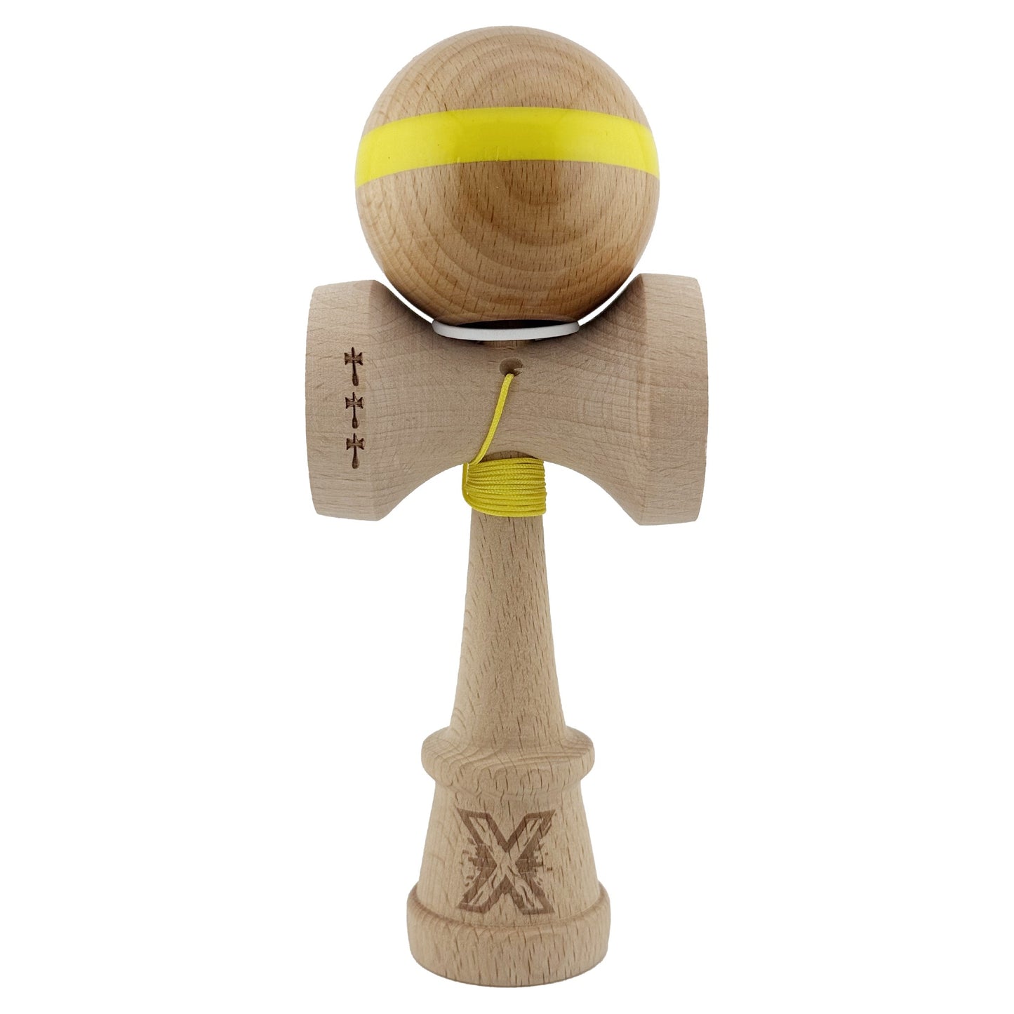 Kendama X Originala, Profesionala, Klevo, Super Sticky, Cupe Mari KING SIZE V3, Gaura in Baza, Rulment Metalic, din lemn 18 cm, Ata 62/65 cm, Original Galben