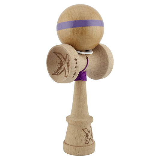 Kendama X Originala, Profesionala, Klevo, Super Sticky, Cupe Mari KING SIZE V3, Gaura in Baza, Rulment Metalic, din lemn 18 cm, Ata 62/65 cm, Original Mov