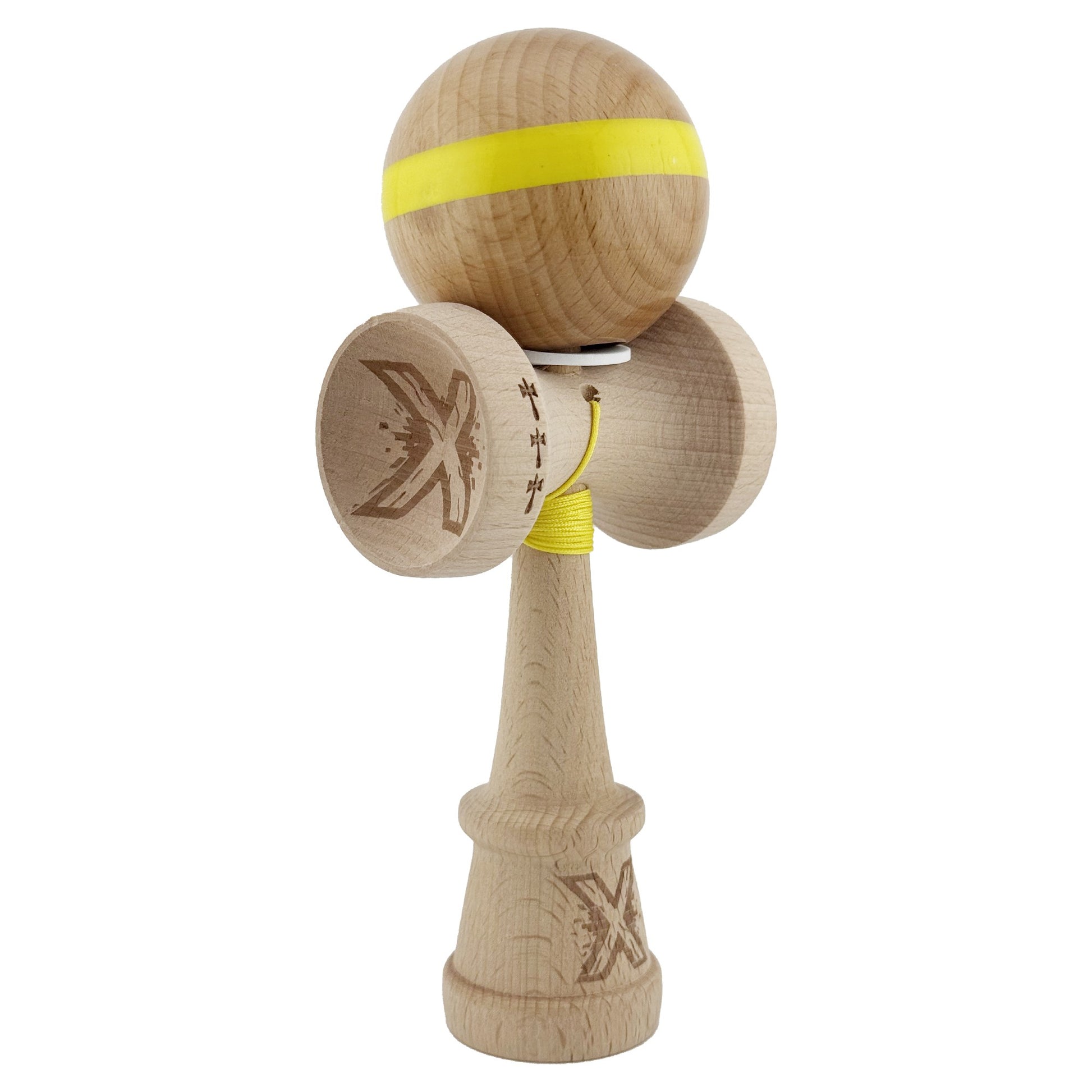 Kendama X Originala, Profesionala, Klevo, Super Sticky, Cupe Mari KING SIZE V3, Gaura in Baza, Rulment Metalic, din lemn 18 cm, Ata 62/65 cm, Original Galben