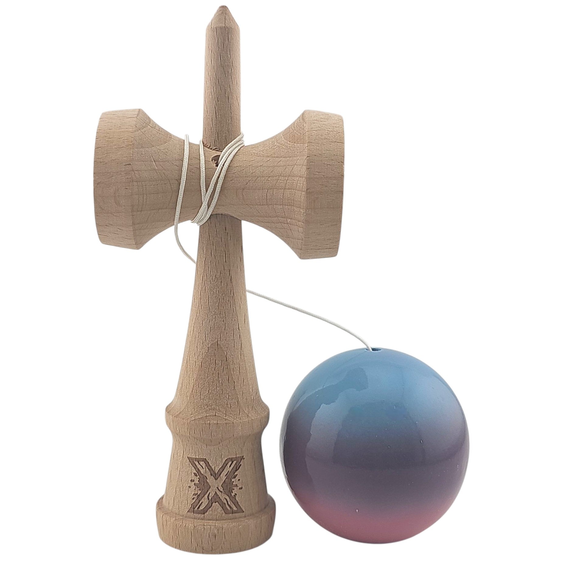 Kendama X Originala, Profesionala, Klevo, Super Sticky, din Lemn, 18 cm, Albastru Deschis/Mov/Roz
