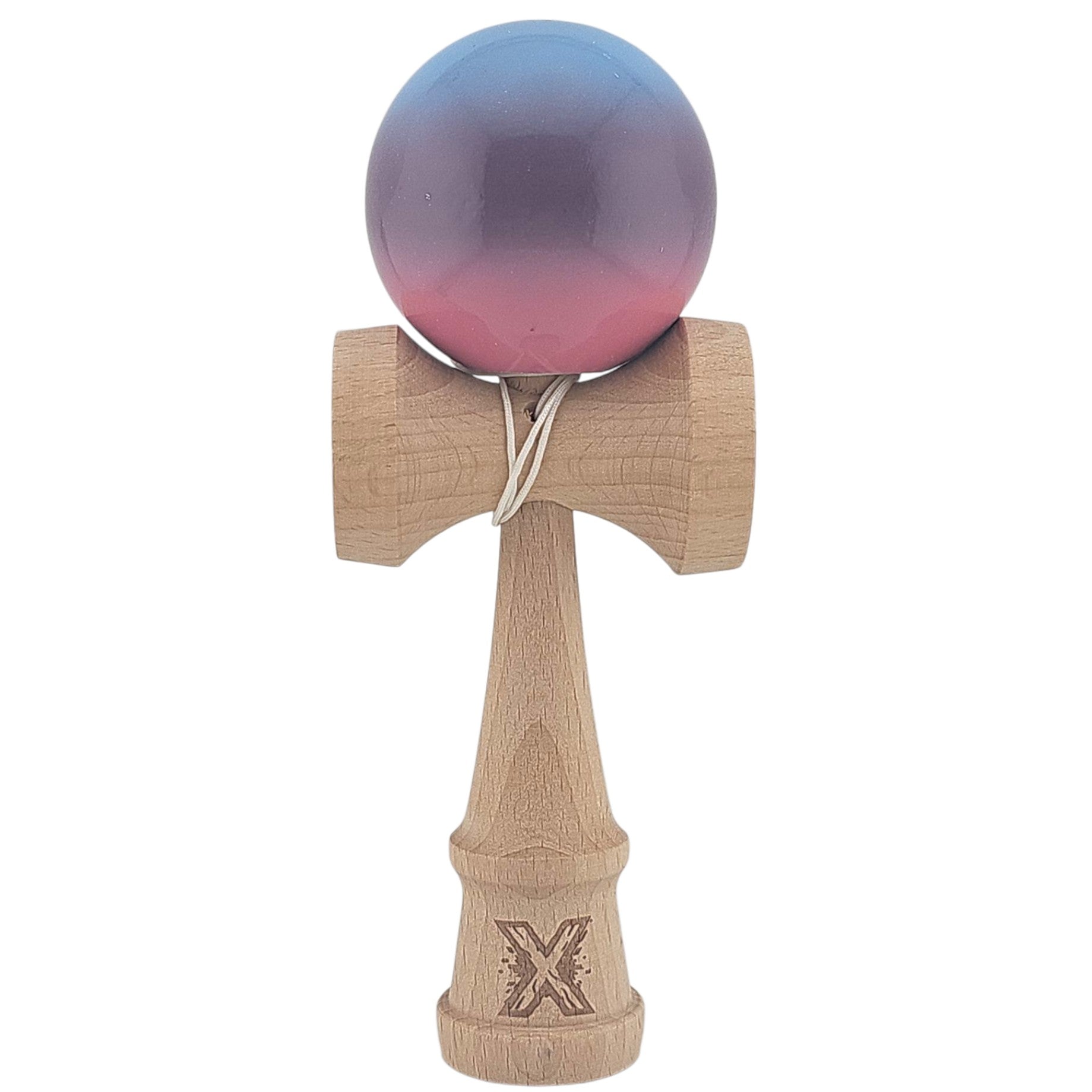 Kendama X Originala, Profesionala, Klevo, Super Sticky, din Lemn, 18 cm, Albastru Deschis/Mov/Roz