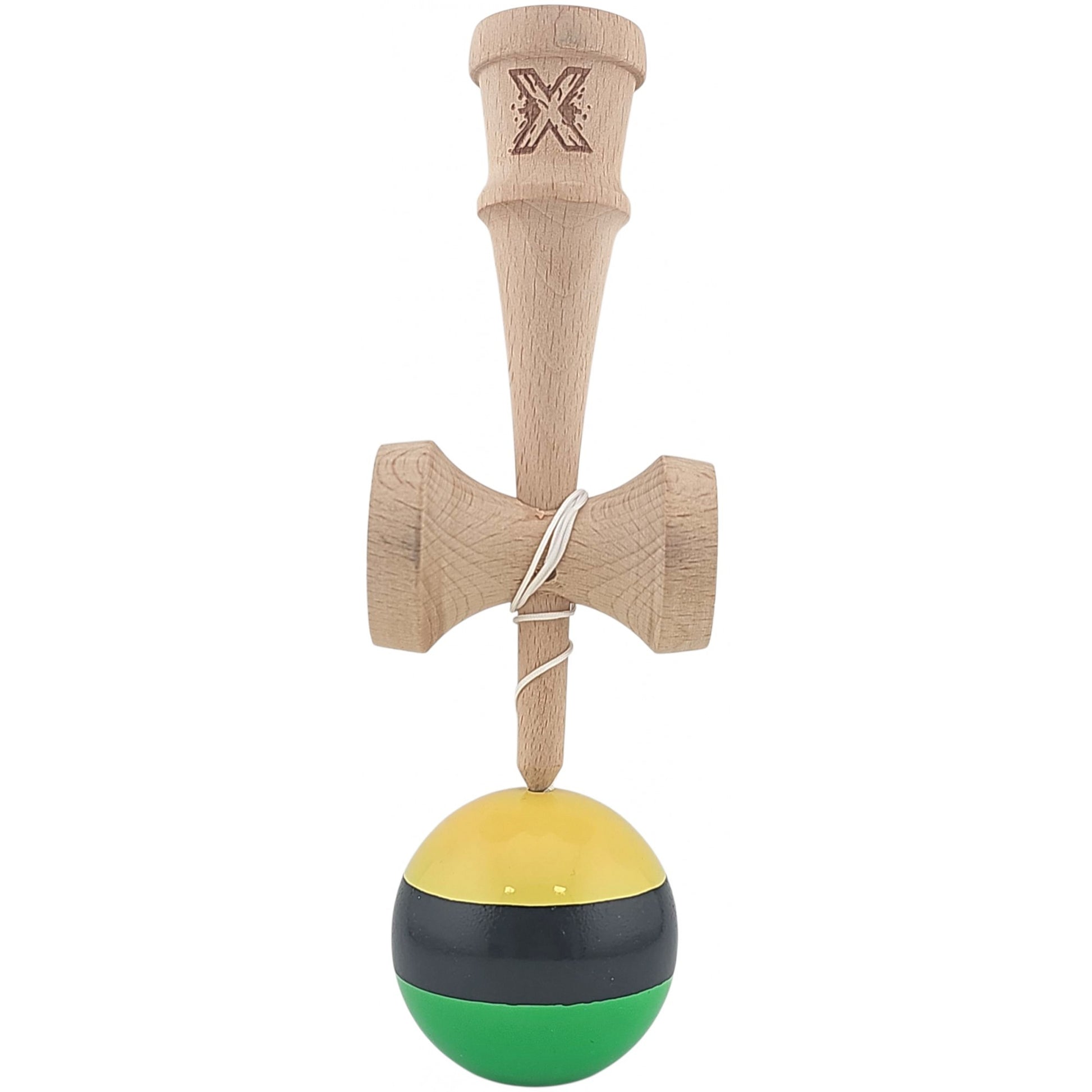 Kendama X Originala, Profesionala, Klevo, Super Sticky din Lemn, 18 cm, Galben/Negru/Verde
