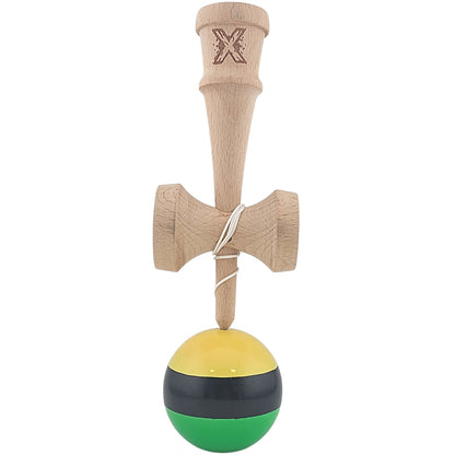 Kendama X Originala, Profesionala, Klevo, Super Sticky din Lemn, 18 cm, Galben/Negru/Verde