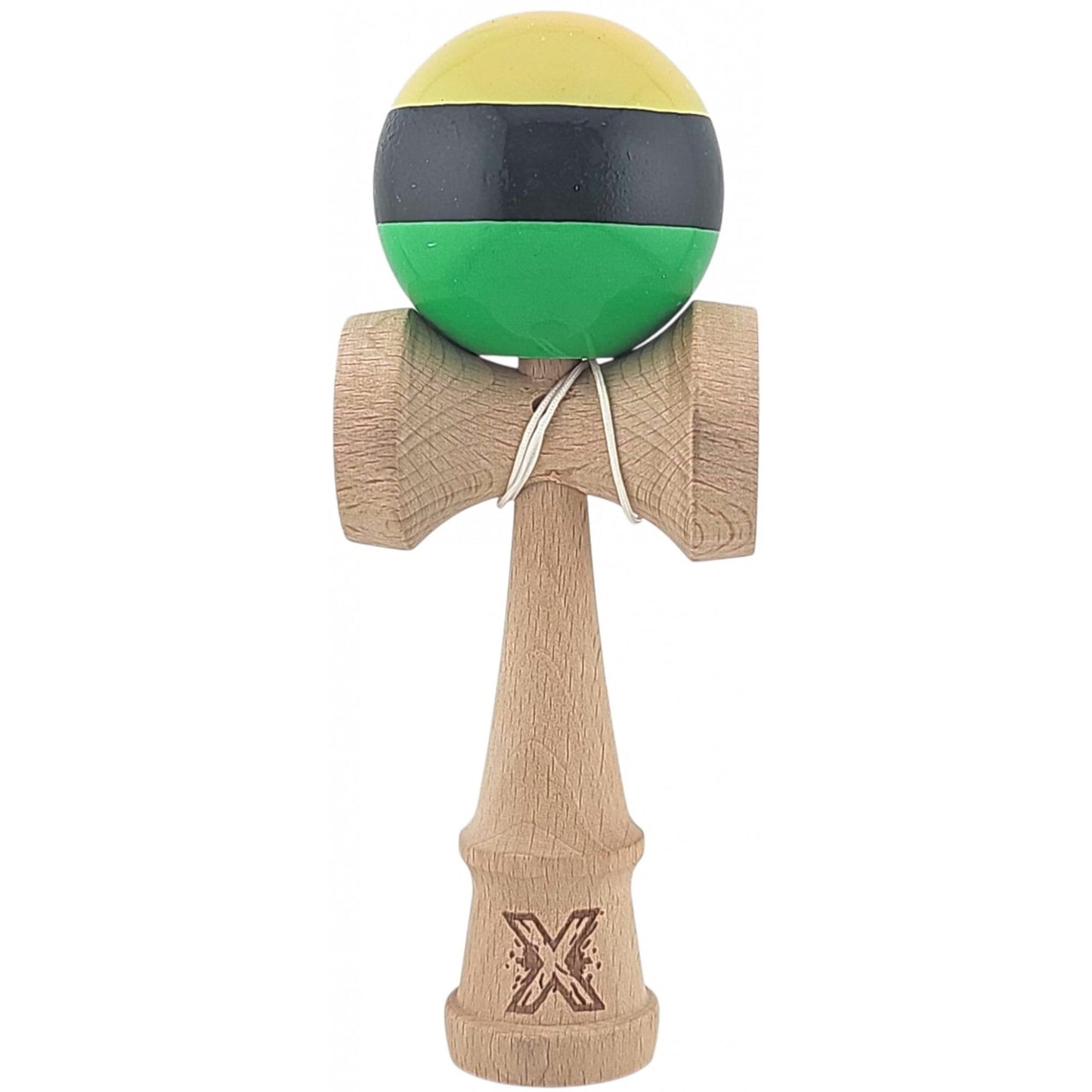Kendama X Originala, Profesionala, Klevo, Super Sticky din Lemn, 18 cm, Galben/Negru/Verde