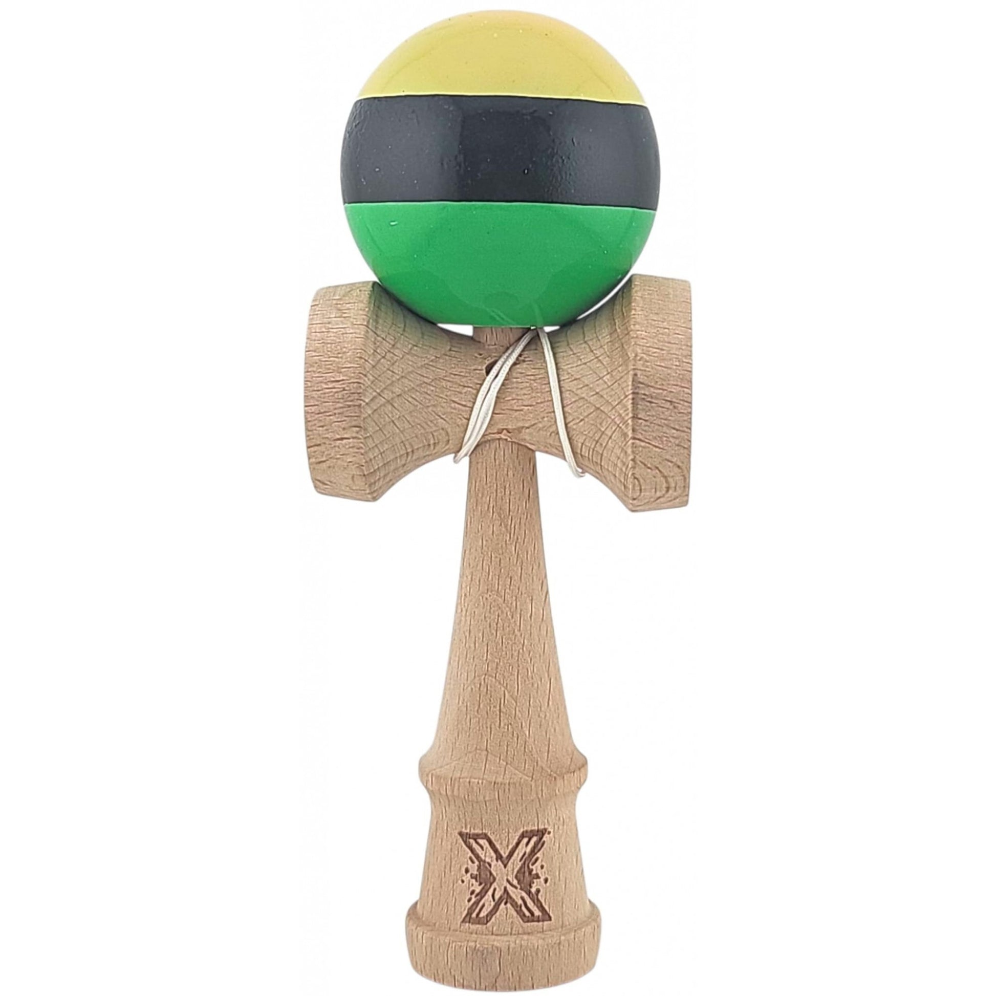 Kendama X Originala, Profesionala, Klevo, Super Sticky din Lemn, 18 cm, Galben/Negru/Verde