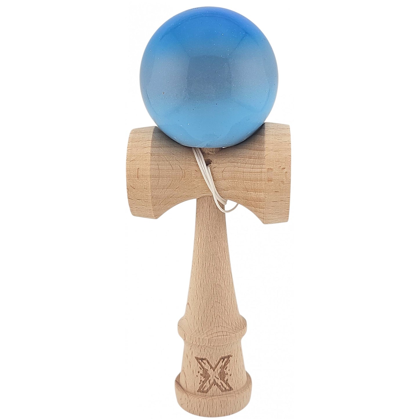 Kendama X Originala, Profesionala, Klevo, Super Sticky din Lemn, 18 cm, Gradient Albastru/Gri/Bleu