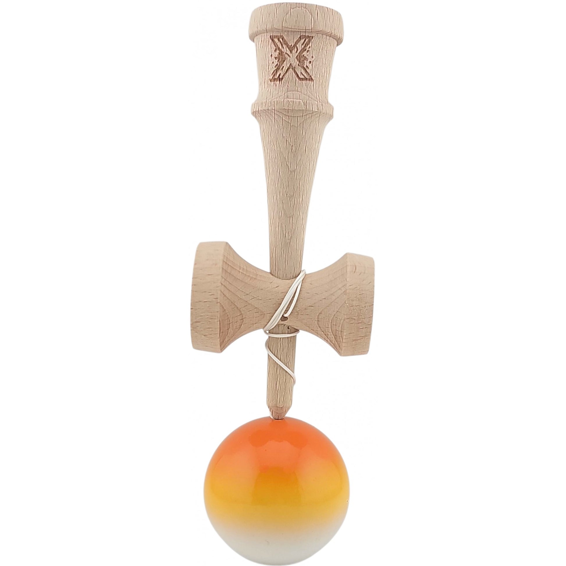 Kendama X Originala, Profesionala, Klevo, Super Sticky din Lemn, 18 cm, Gradient Portocaliu/Galben/Alb