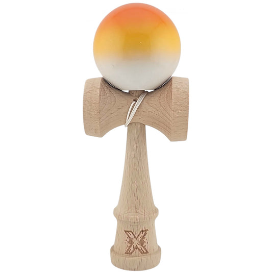 Kendama X Originala, Profesionala, Klevo, Super Sticky din Lemn, 18 cm, Gradient Portocaliu/Galben/Alb