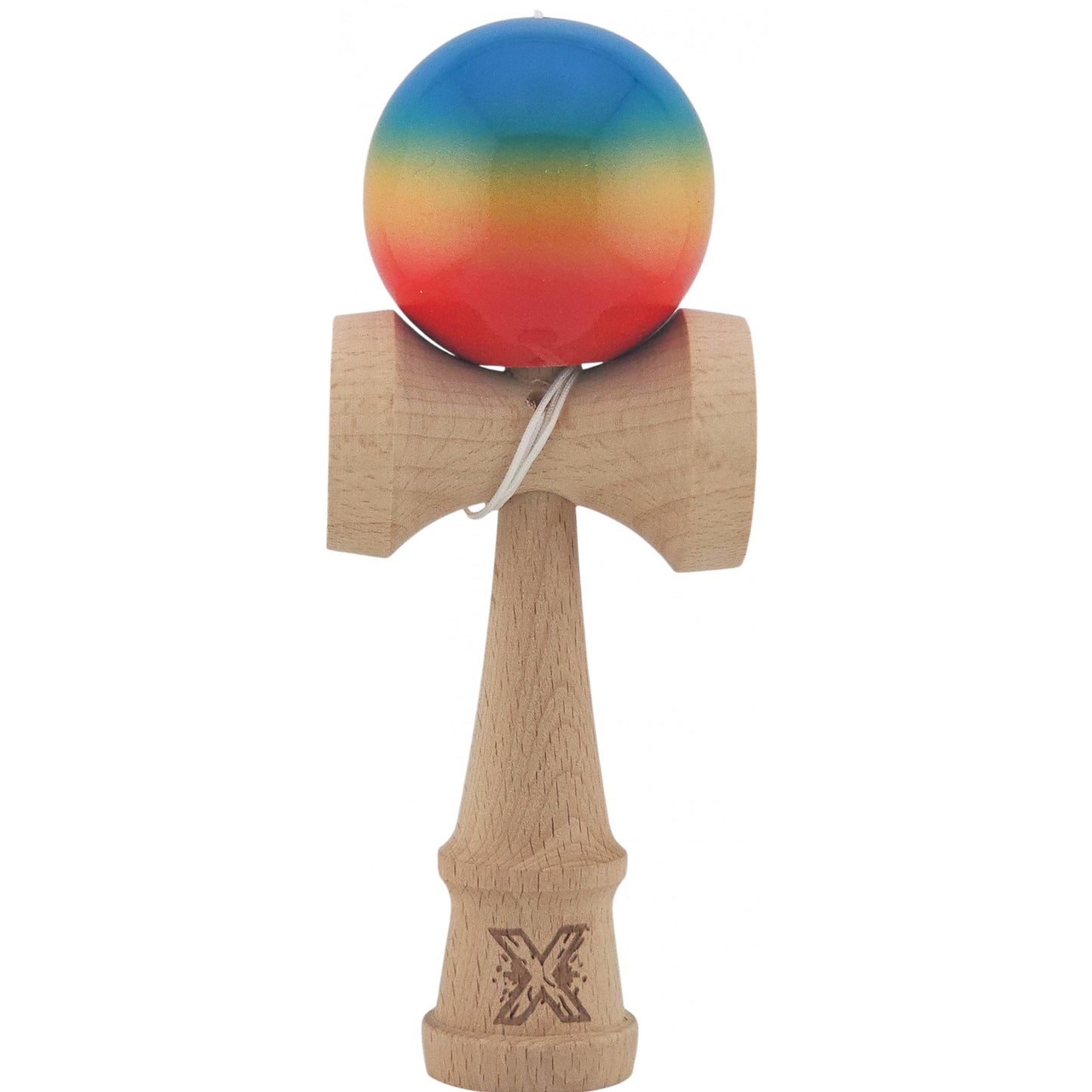 Kendama X Originala, Profesionala, Klevo, Super Sticky din Lemn, 18 cm, Gradient Rosu/Galben/Albastru