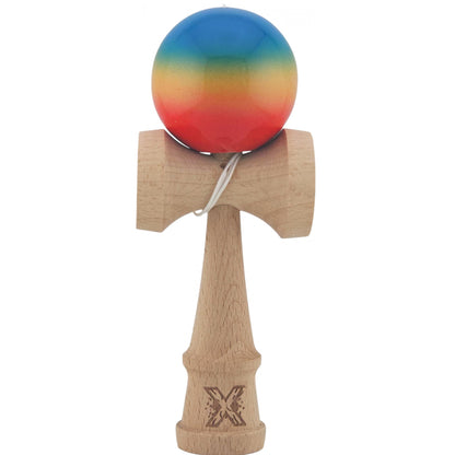 Kendama X Originala, Profesionala, Klevo, Super Sticky din Lemn, 18 cm, Gradient Rosu/Galben/Albastru
